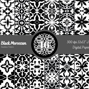 16 Black & White Moroccan Tiles II, Digital Seamless Paper, Mosaic Scrapbook Paper in Black and Whites, Morocco Tile - Digital Download