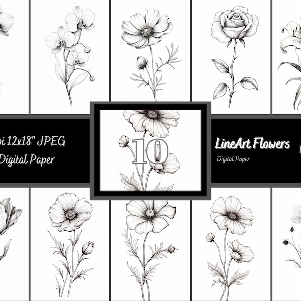 10 LineArt Flower Art Digital Prints, Digital Paper, Journal Background, Wall Art, 2:3 Size Ratio, Scrapbook Paper - Digital Download