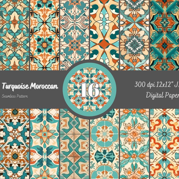 Carrelage marocain turquoise, papier numérique sans couture, papier mosaïque pour album aux couleurs turquoise - téléchargement numérique