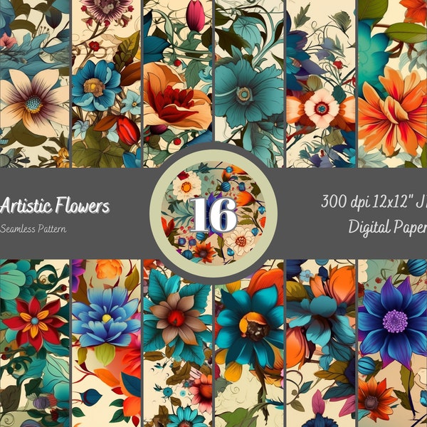 Artistic Flower Tiles, Digital Seamless Pattern, Scrapbook Paper in bright Colors, Repeat Tile - Digital Download