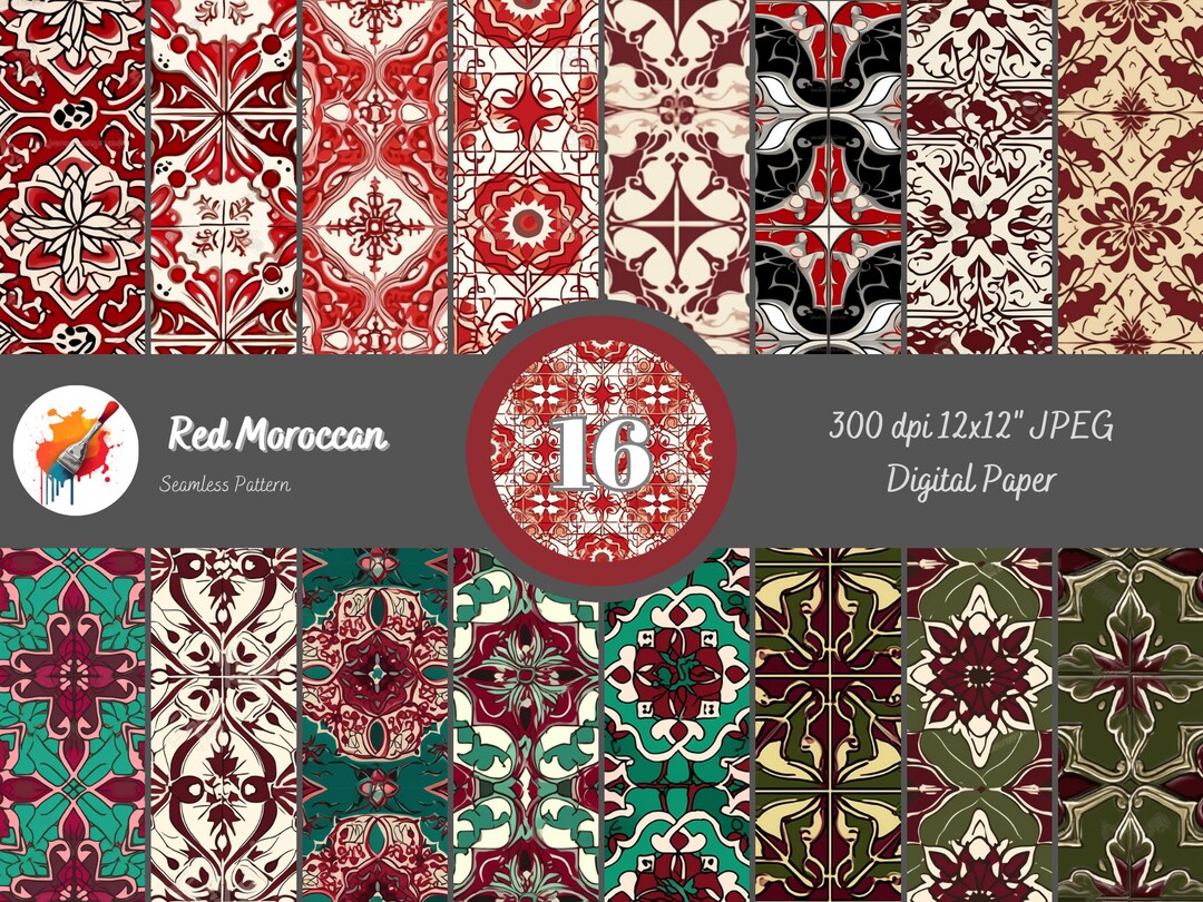 Digital Seamless Paper red Moroccan Tiles Mosaic Scrapbook Paper in Red ...