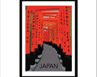 Puede incluir: Una ilustración de una puerta torii japonesa tradicional, una puerta de entrada a un santuario sintoísta. La puerta está hecha de madera y está pintada de rojo. La puerta está rodeada de un bosque de árboles. El texto "JAPÓN" está escrito en letras blancas en la parte inferior de la imagen.