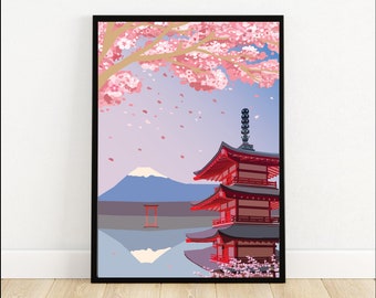 Japan Travel Print, Wall Art, Japan Cherry Blossom Wall Art, Japan Travel Poster, Cherry Blossom Travel Art, City Print