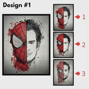 May include: A collection of framed art prints labeled Design #1, featuring a split-face portrait of a superhero mask on the left and a human face on the right. Three variations are shown, numbered 1, 2, and 3, each depicting a different actor.