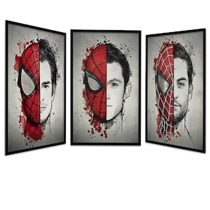 May include: A set of three framed wall art prints featuring a split-face design. Each print shows half of a red and black spider-themed mask and half of a human face in a grayscale watercolor style with red paint splatters on a light background.