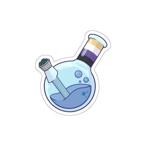 May include: A sticker of a glass bong with blue liquid inside. The bong has a yellow, black, and purple stripe pattern on the neck, representing the non-binary pride flag.