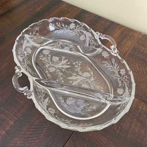 Fostoria Heather etched glass - 3 section oval divided relish dish