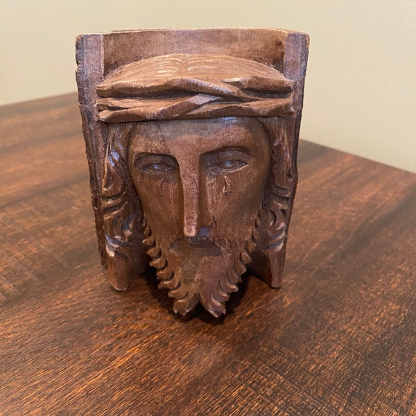 Vintage Hand-Carved Solid Wood Live Edge Jesus Sculpture. 6" Tall.