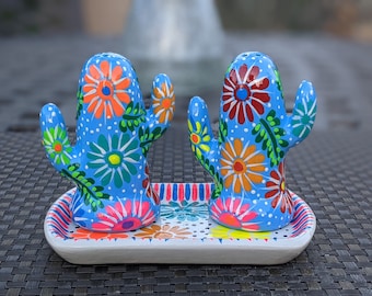 Hand-Painted Cactus Salt and Pepper Shakers with Plate, Mexican Barro Clay