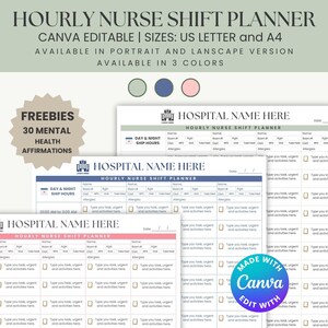 Puede incluir: Plantilla digital de planificador de turnos de enfermería por horas, editable en Canva, en tamaños US Letter y A4, disponible en versiones vertical y horizontal, y tres opciones de color. Incluye obsequios con 30 afirmaciones de salud mental.