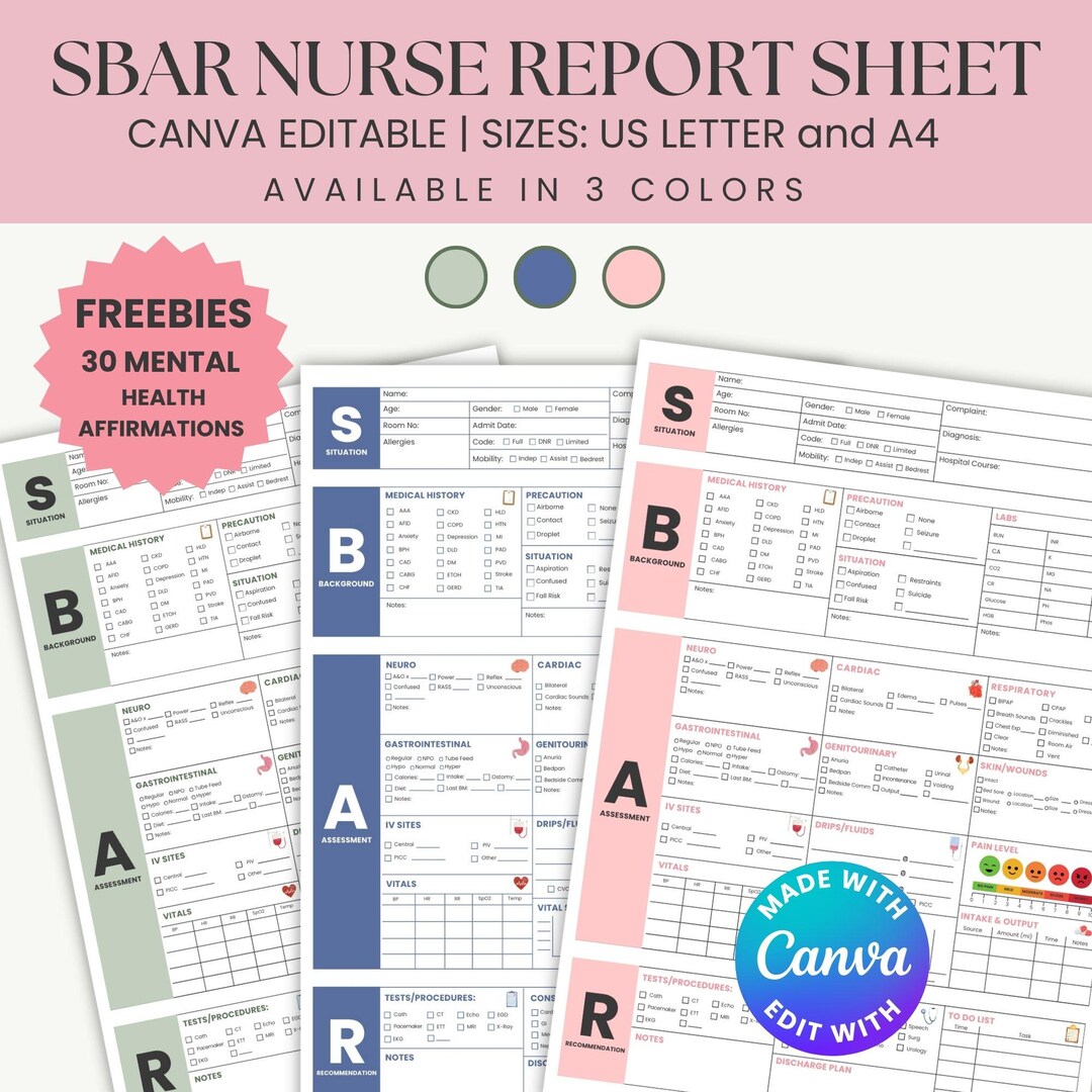 Editable SBAR Nurse Report Sheet Canva Template for Nurses Nursing ...
