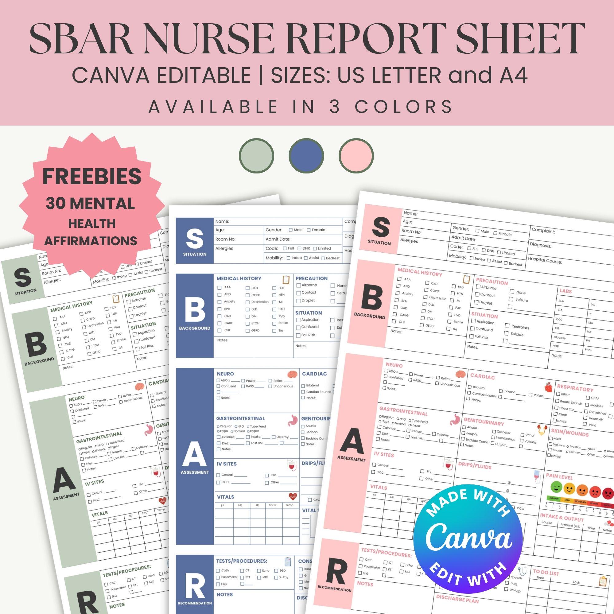 Editable SBAR Nurse Report Sheet Canva Template for Nurses Nursing ...