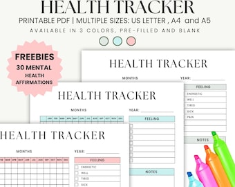 May include: A printable PDF health tracker with the text "Health Tracker" in a clean, modern font. The design includes sections for tracking months, year, and feelings, with options for pre-filled and blank formats. The image also includes colorful highlighters.