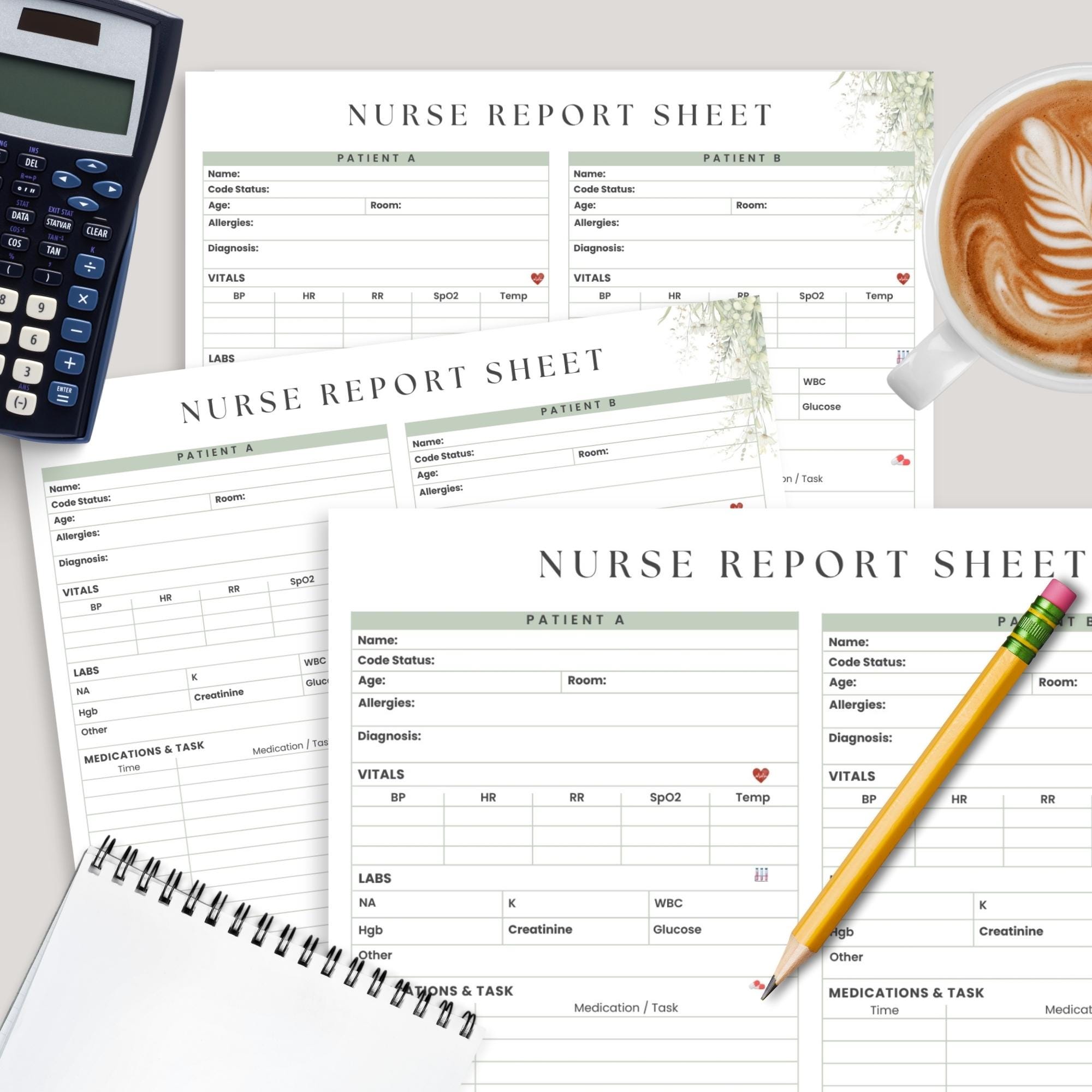 ICU Nurse Report Sheet Printable Pdf | 2 Patient Nurse Brain Sheet Med ...