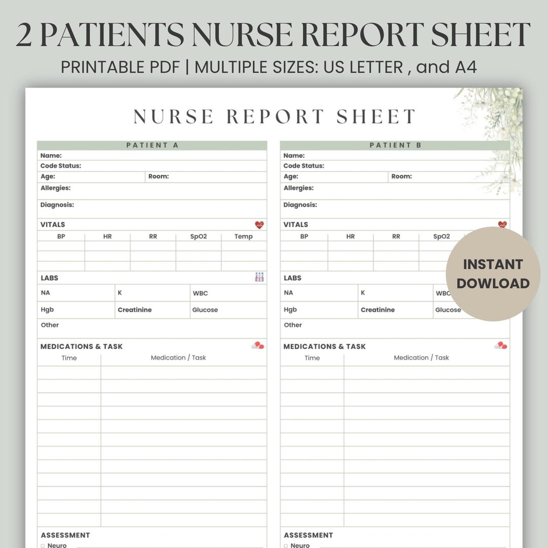 ICU Nurse Report Sheet Printable Pdf | 2 Patient Nurse Brain Sheet Med ...