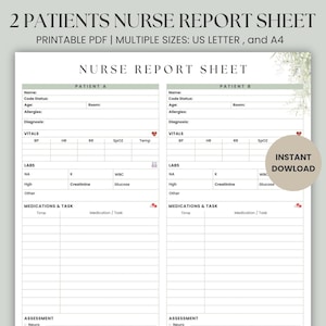 Hoja de informe de enfermería de la UCI imprimible en PDF / Plantilla de hoja cerebral de enfermería para 2 pacientes (Medicina y Cirugía) / Herramienta de traspaso Sbar Planificador para estudiantes de enfermería
