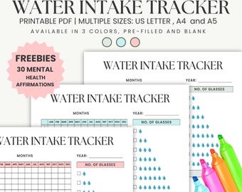 Water Intake Tracker Printable: Hydratation Herausforderung, Gesundheitslogbuch (PDF & JPG)