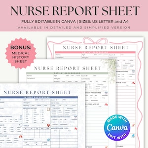 Editable Nurse Report Sheet: ICU Handoff, Medication Log (Canva, Digital Download)
