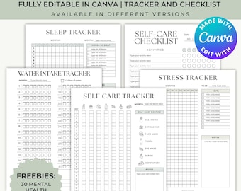 Planificador de bienestar imprimible, paquete de seguimiento de autocuidado, kit editable de Canva, seguimiento del sueño, la hidratación y el estrés, lista de verificación diaria de autocuidado en PDF.