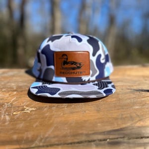 Duck Hunting Rope Hat – Frog Skin Blue Camo – Leather Patch Duck Logo – Adjustable Snapback Cap – Camo Hat Gift