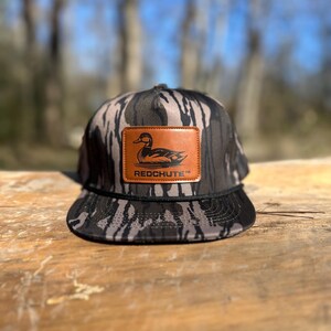 Bottomland hoed met camouflagekoord – hoed met eendenjacht – pet met leren patch eendlogo – verstelbare snapback – camouflagehoed voor heren