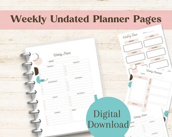 Op de afbeelding: Een afdrukbare wekelijkse plannerpagina met een modern ontwerp met abstracte vormen in bruin, roze en teal. De planner bevat secties voor dagelijkse, wekelijkse en maandelijkse planning, evenals een checklist.