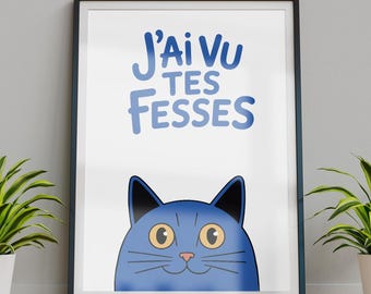 Funny Cat Toilet Print - French Bathroom Humor (Digital Download)