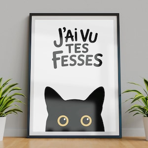 May include: Framed art print featuring a black cat peeking from the bottom. The text "J'Ai Vu Tes Fesses" is displayed in black above the cat. The cat's eyes are yellow. The frame is black.