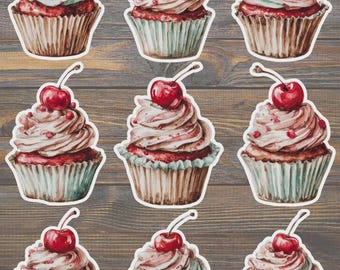 Ensemble d'autocollants en vinyle découpés à l'emporte-pièce style cupcake vintage – Autocollants dessert rétro pour ordinateur portable, carnet et bouteille d'eau