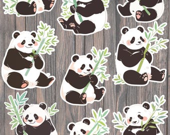 May include: Nine panda bear stickers. Each sticker features a panda bear with black and white fur, holding a green bamboo stalk. The pandas have pink cheeks and are sitting down. The stickers are on a wooden background.