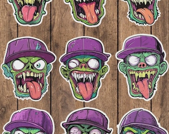 Zombie in Purple Hat Die Cut Vinyl Sticker Set | Funny Sticker | Laptop Sticker | Water Bottle Sticker | Notebook Sticker