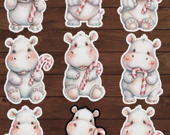 Cute Hippo with Candy Cane Vinyl Die Cut Sticker Set Sticker Laptop Sticker Water Bottle Sticker Notebook Sticker Scrapbooking