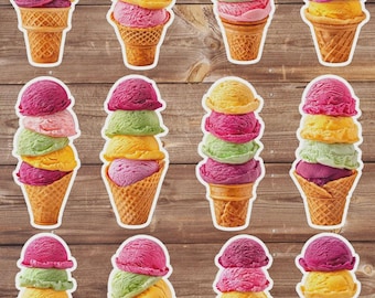 May include: A collection of colorful ice cream cone stickers. Each cone features multiple scoops of ice cream in various colors, including pink, green, yellow, and purple. The cones are set against a wooden background.