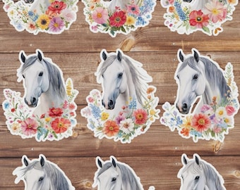 White Floral Horse Die Cut Vinyl Sticker Set | Funny Sticker | Laptop Sticker | Water Bottle Sticker | Notebook Sticker