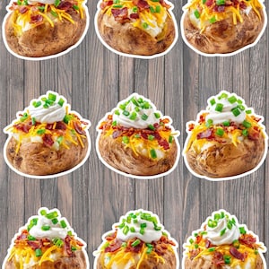 May include: Nine sticker images of baked potatoes topped with sour cream, shredded cheddar cheese, bacon bits, and chopped green onions. The potatoes are on a wooden background.