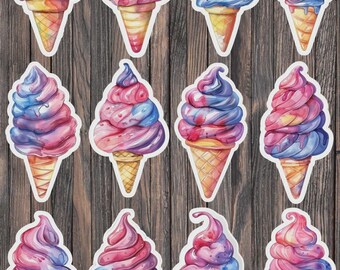 May include: A collection of twelve watercolor stickers featuring ice cream cones. Each cone has a swirl of pink, purple, and blue ice cream. The cones are a light brown color with a waffle pattern. The background is a wooden surface.
