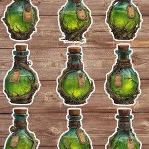 May include: Nine stickers of potion bottles with green liquid inside. The bottles are clear with a cork top and a brown label. The bottles are decorated with a tree-like design around the base and neck.
