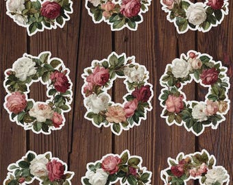 Ensemble d'autocollants en vinyle découpés à l'emporte-pièce, motif couronne de roses vintage – Stickers floraux pour ordinateur portable, carnet et bouteille d'eau