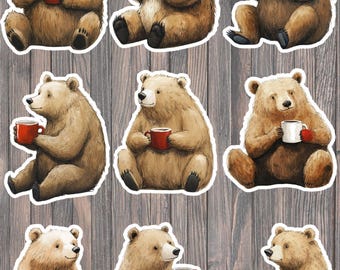 Brown Bear Coffee Vinyl Stickers | Cozy Animal Laptop Decals
