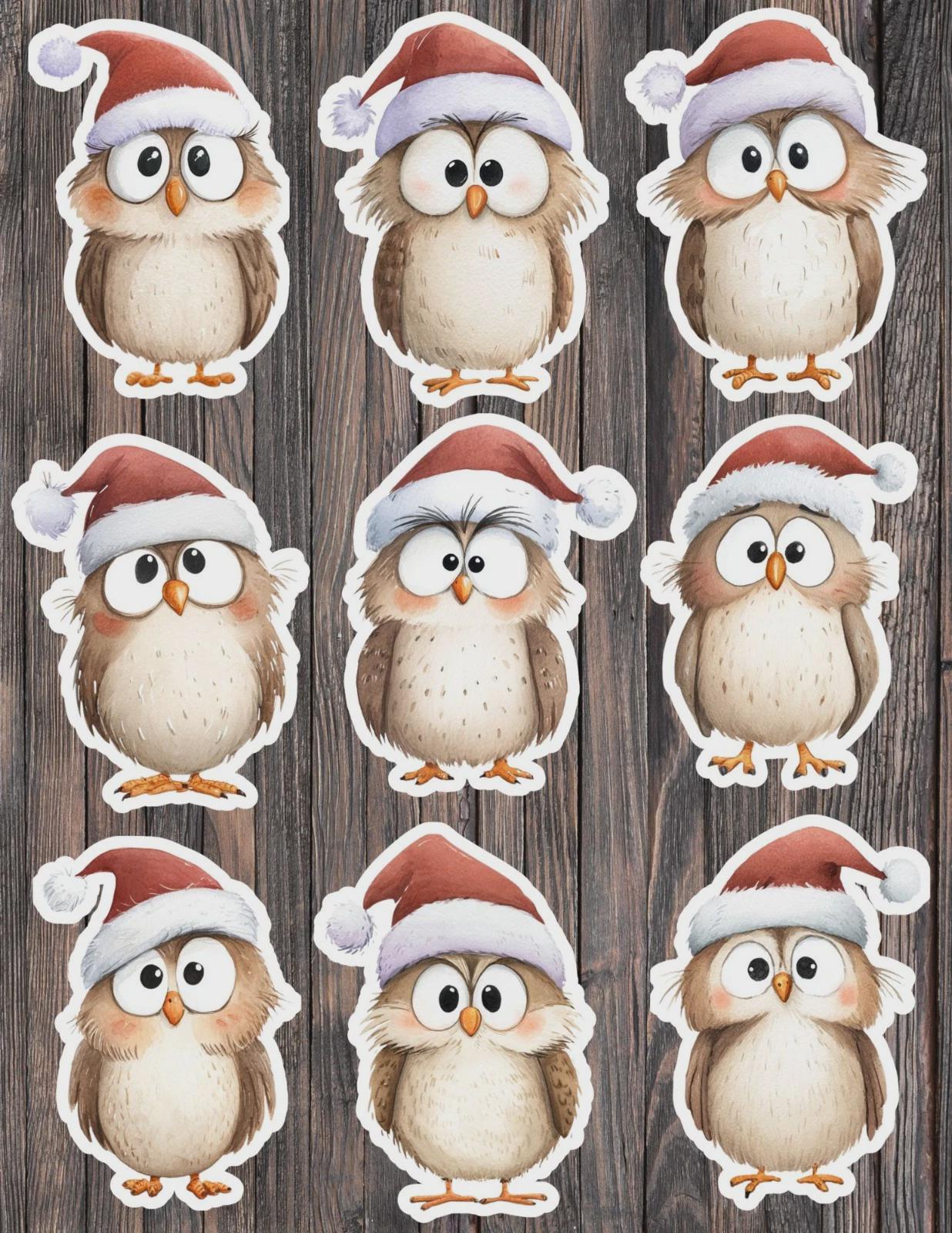 Cartoon Santa Owl Die Cut Vinyl Sticker Set &ndash; Christmas Holiday Stickers for Laptop, Notebook 