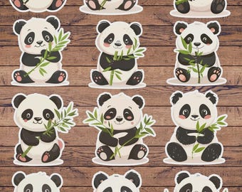 May include: A sheet of stickers featuring cartoon pandas. Each panda is black and white, holding green bamboo stalks. The pandas have a cute, friendly expression. The stickers are on a wooden background.