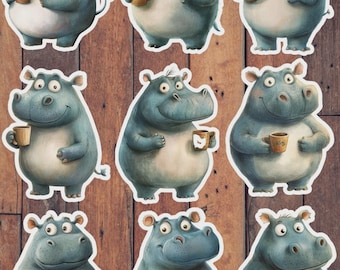 Hippo with CoffeeVinyl Die Cut Sticker Set Sticker Laptop Sticker Water Bottle Sticker Notebook Sticker Scrapbooking