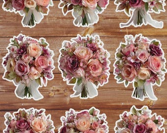 May include: Nine floral bouquets featuring a variety of roses in shades of pink, peach, and burgundy. Each bouquet is tied with a white ribbon and set against a wooden background. The bouquets are stickers.