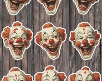 Ensemble d'autocollants en vinyle découpés style clown vintage – Stickers rétro cirque pour ordinateur portable, carnet et gourde