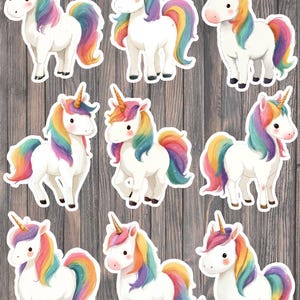 May include: A collection of nine white unicorn stickers, each featuring a golden horn and a vibrant rainbow-colored mane and tail. The unicorns are depicted in various standing poses, showcasing a consistent cartoon design with soft, rounded features.