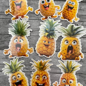 May include: A collection of animated pineapple stickers with expressive faces and green leafy tops. The stickers feature various expressions, including joy, surprise, and excitement, with arms and legs. The pineapples are yellow and orange.