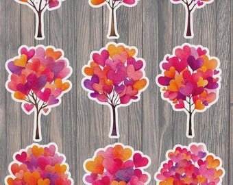 Ensemble d'autocollants en vinyle découpés à l'emporte-pièce en forme de cœur et d'arbre aquarelle – Stickers romantiques nature pour ordinateur portable, carnet et bouteille d'eau