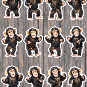 May include: A collection of twelve stickers featuring a smiling chimpanzee in a standing pose. The chimpanzees have black fur, tan ears, and are set against a wooden background. Each sticker is outlined in white.