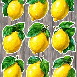 May include: Nine vibrant yellow lemon stickers with green leaves and water droplets. The lemons are arranged on a wooden background, creating a fresh and natural aesthetic. Each lemon has a detailed, realistic appearance.