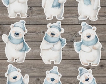 Winter Polar Bear in Blue Die Cut Vinyl Sticker Set – For Notebook, Laptop, Water Bottle & Scrapbooking
